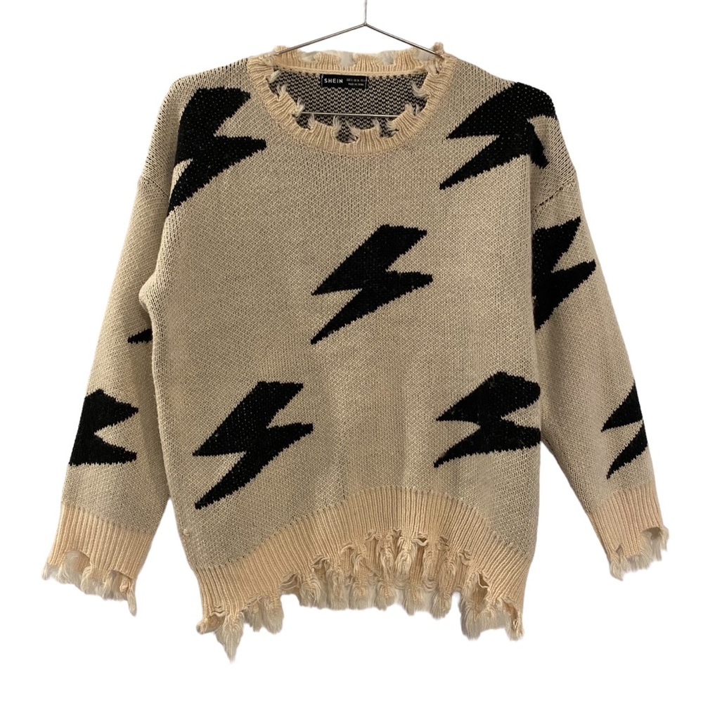 SHEIN Cream & Black Lightning Bolts Distressed Oversized Sweater
